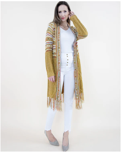 Mustard/Rust Upper Tribal Stripe Cardigan w/Fringe