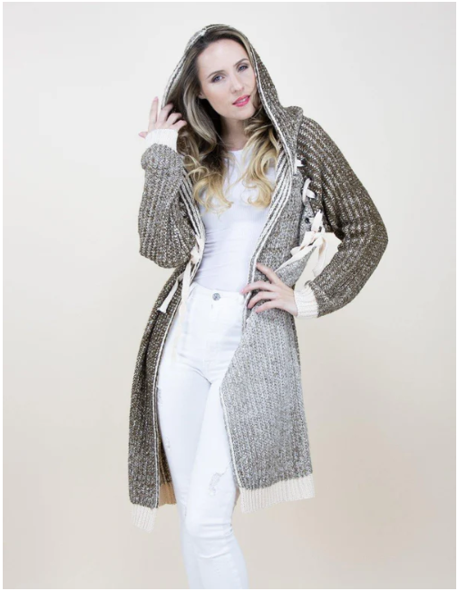 Long Cardigan Laced Shoulder w/Hood Brown