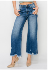 HIGH RISE SIDE SLIT WITH FRAYED HEM WIDE JEANS