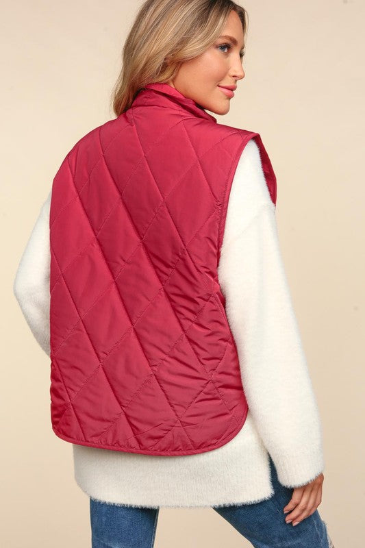 Snap Button Down Quilted Puffer Vest Jacket