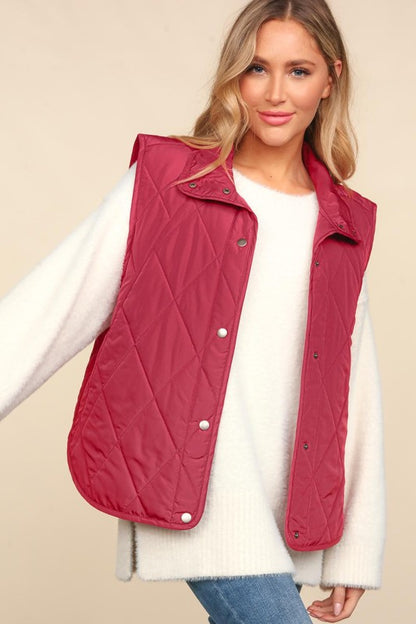 Snap Button Down Quilted Puffer Vest Jacket