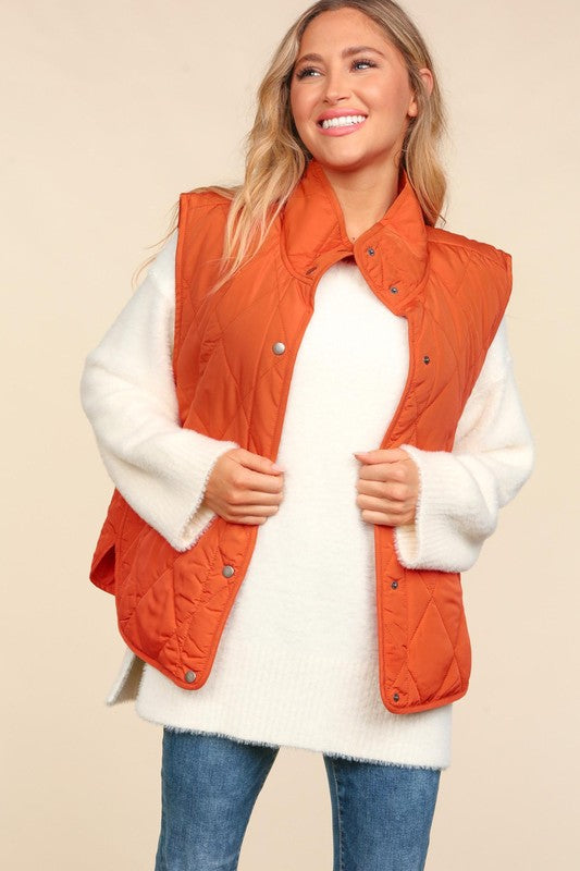 Snap Button Down Quilted Puffer Vest Jacket