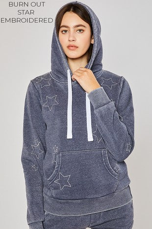 BASIC BURN OUT FLEECE PULLOVER WITH STAR EMB
