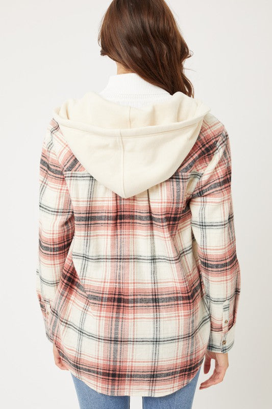 Plaid Flannel Button Up Shacket with Hood