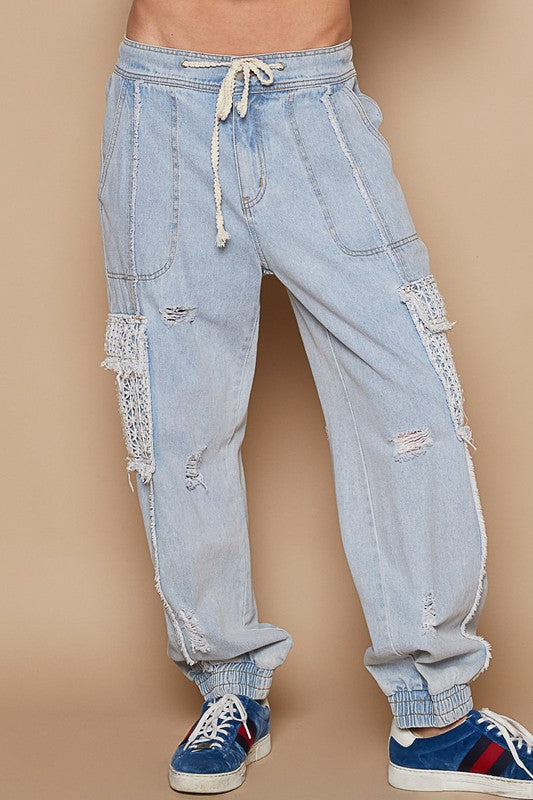 Tie Waistband Cargo Pockets Denim Jogger