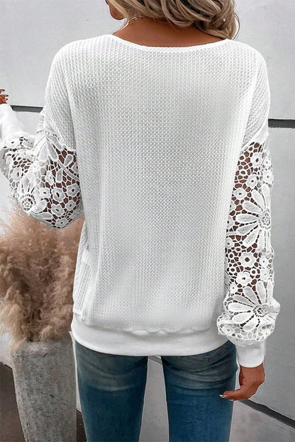 Pam White Lace Splicing V Neck Puff Sleeve Top