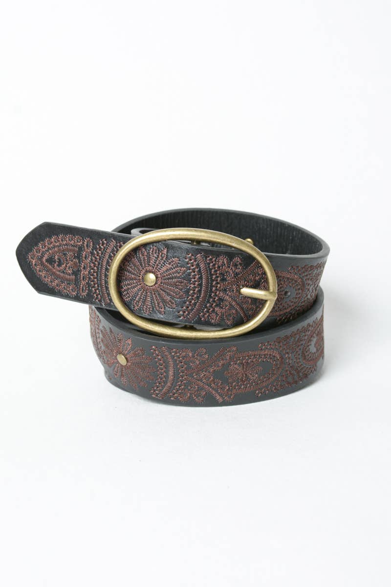 Floral Stitch Oval Buckle Belt: Camel