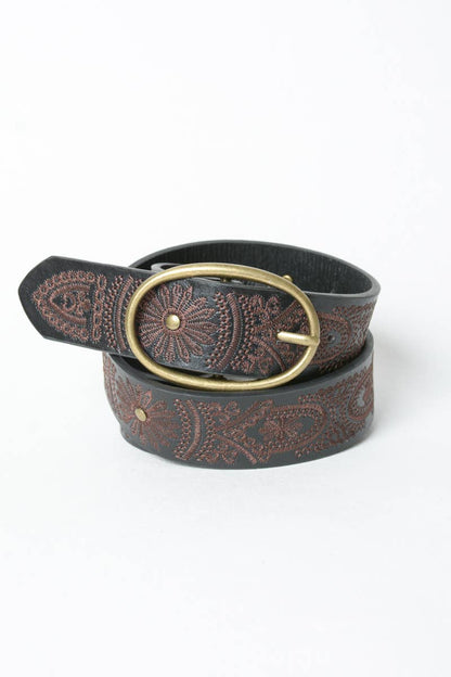 Floral Stitch Oval Buckle Belt: Camel