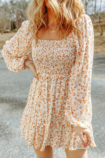 Autumn Apricot Boho Floral Smocked Puff Sleeve Mini Dress