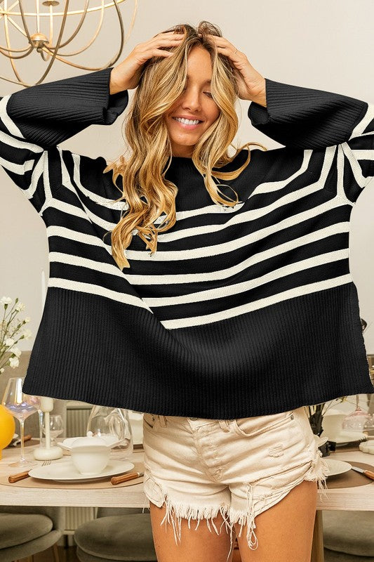 SUPER SOFT STRIPED MOCK NECK LOOSE FIT SWEATER