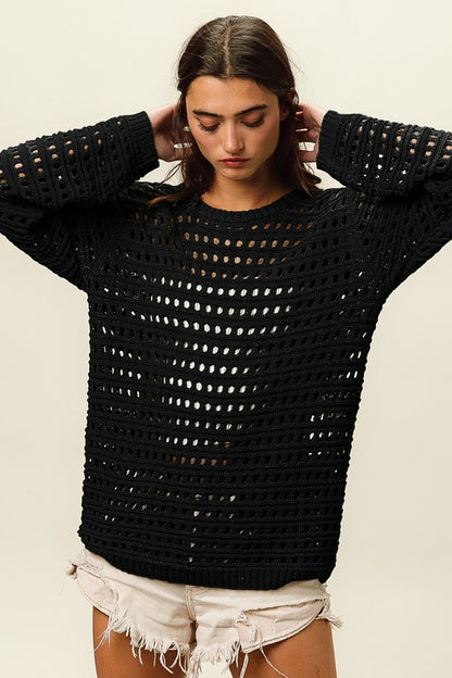 ROUND NECK OPEN KNIT SWEATER TOP