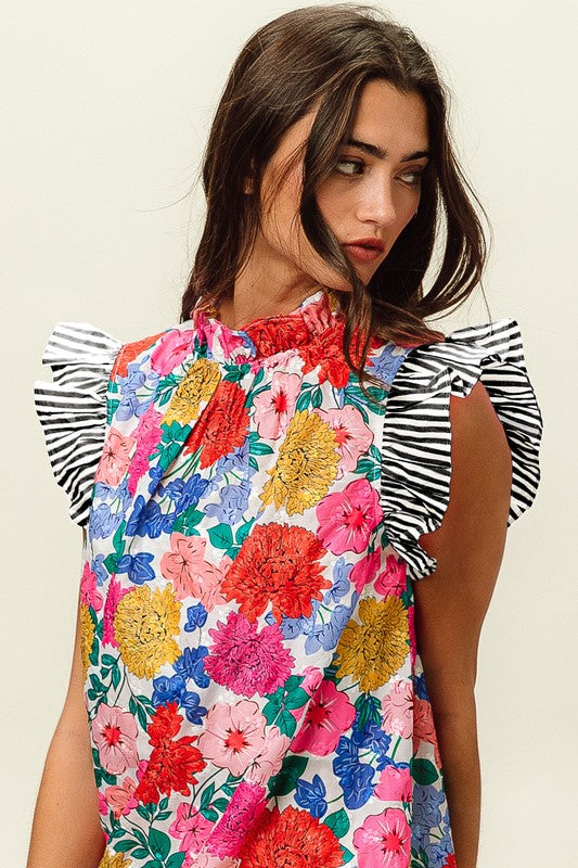 TEXTURED FLORAL PRINT WOVEN TOP BLACK AND WHITE STRIPE