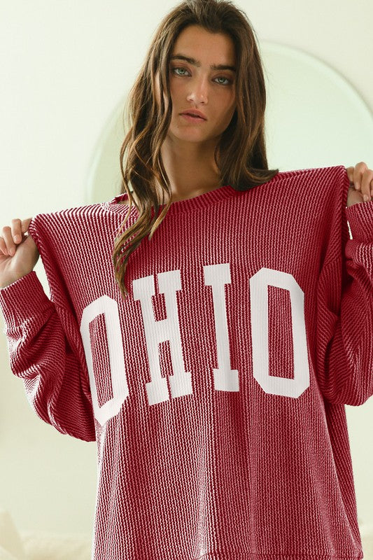 OHIO LETTERING PRINT RIB TEXTURED PULLOVER