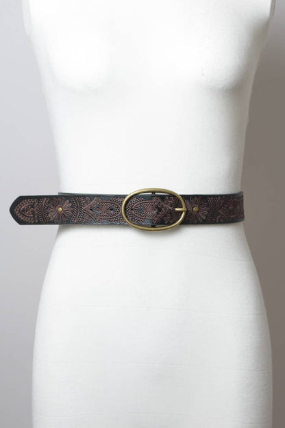 Floral Stitch Oval Buckle Belt: Camel