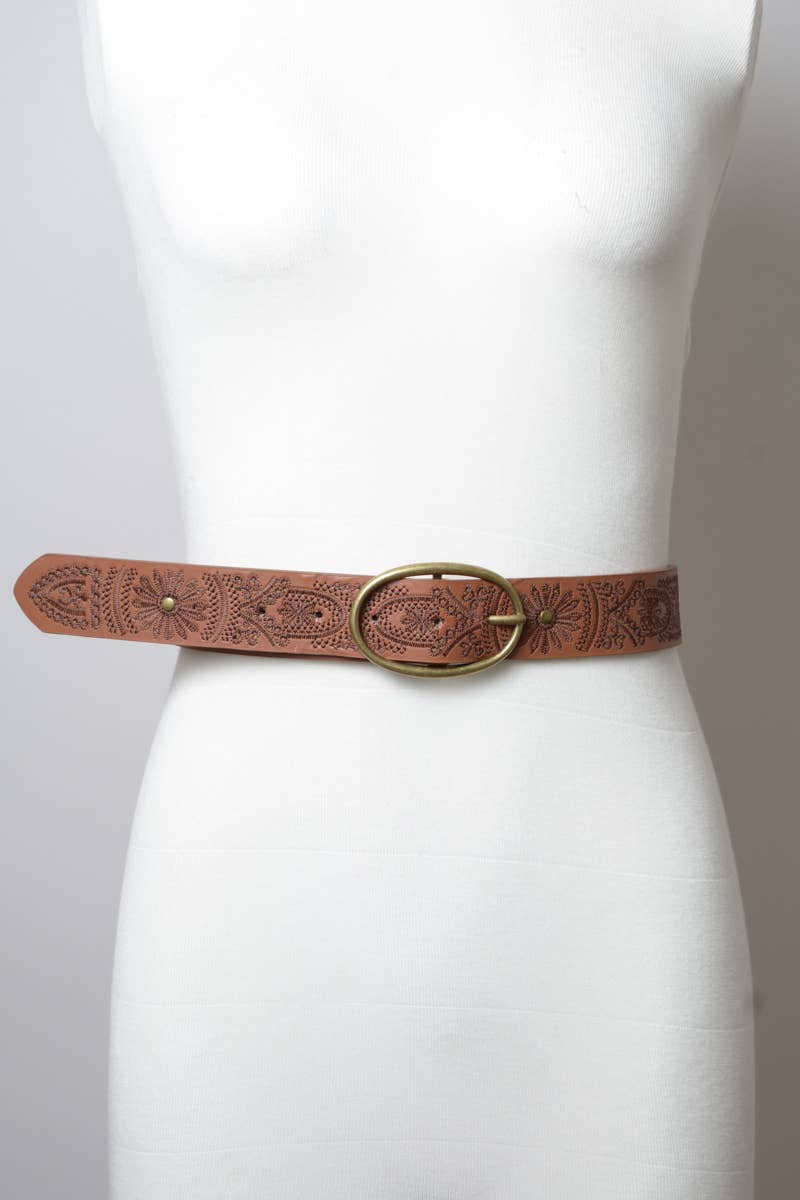 Floral Stitch Oval Buckle Belt: Camel