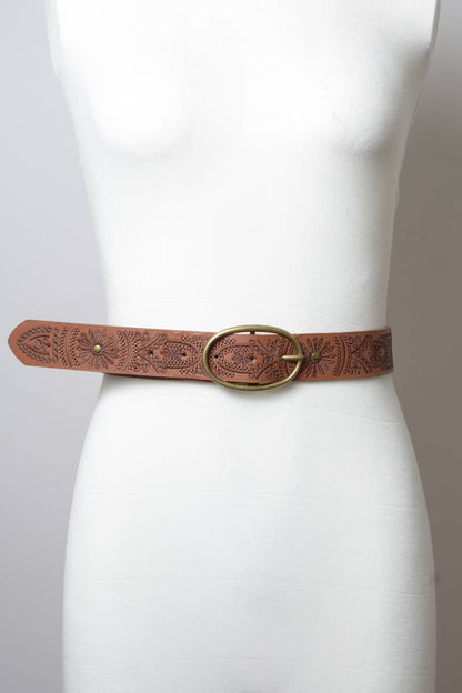 Floral Stitch Oval Buckle Belt: Camel