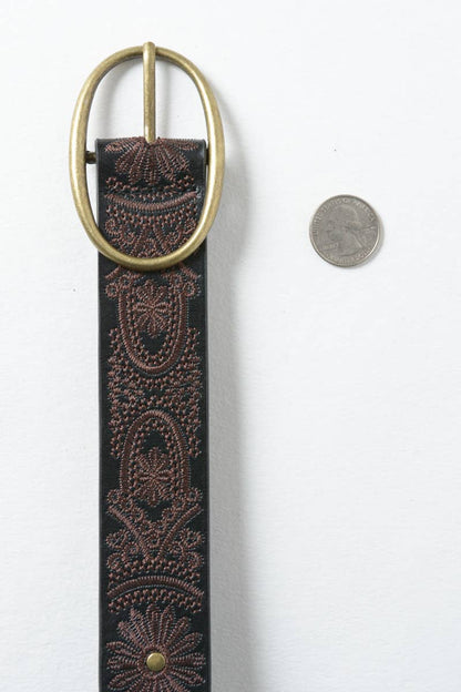 Floral Stitch Oval Buckle Belt: Camel