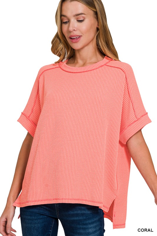 Comfy CORDED RIB SHORT CUFF SLEEVE RAW EDGE TOP