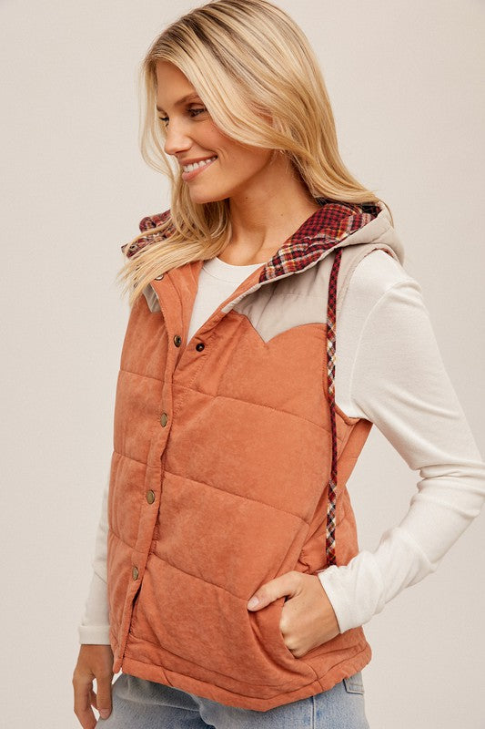 Puff Color Block Plaid Hoodie Vest !