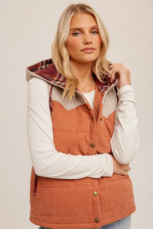 Puff Color Block Plaid Hoodie Vest !