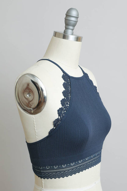 High Neck Crochet Lace Trim Bralette: Ivory