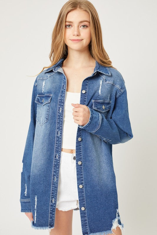 Washed Distressed Denim Long Shirt