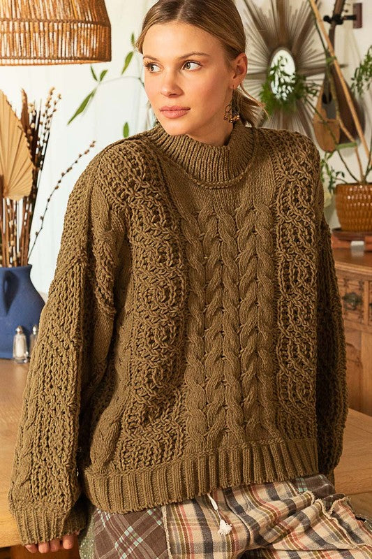 Mock neck balloon sleeve cable knit sweater