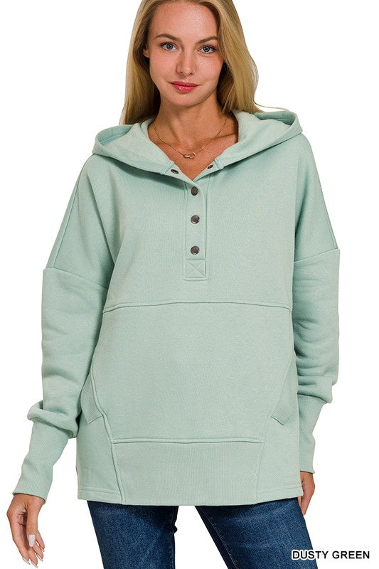 HALF BUTTON HOODED PULLOVER WITH KANGAROO POCKET