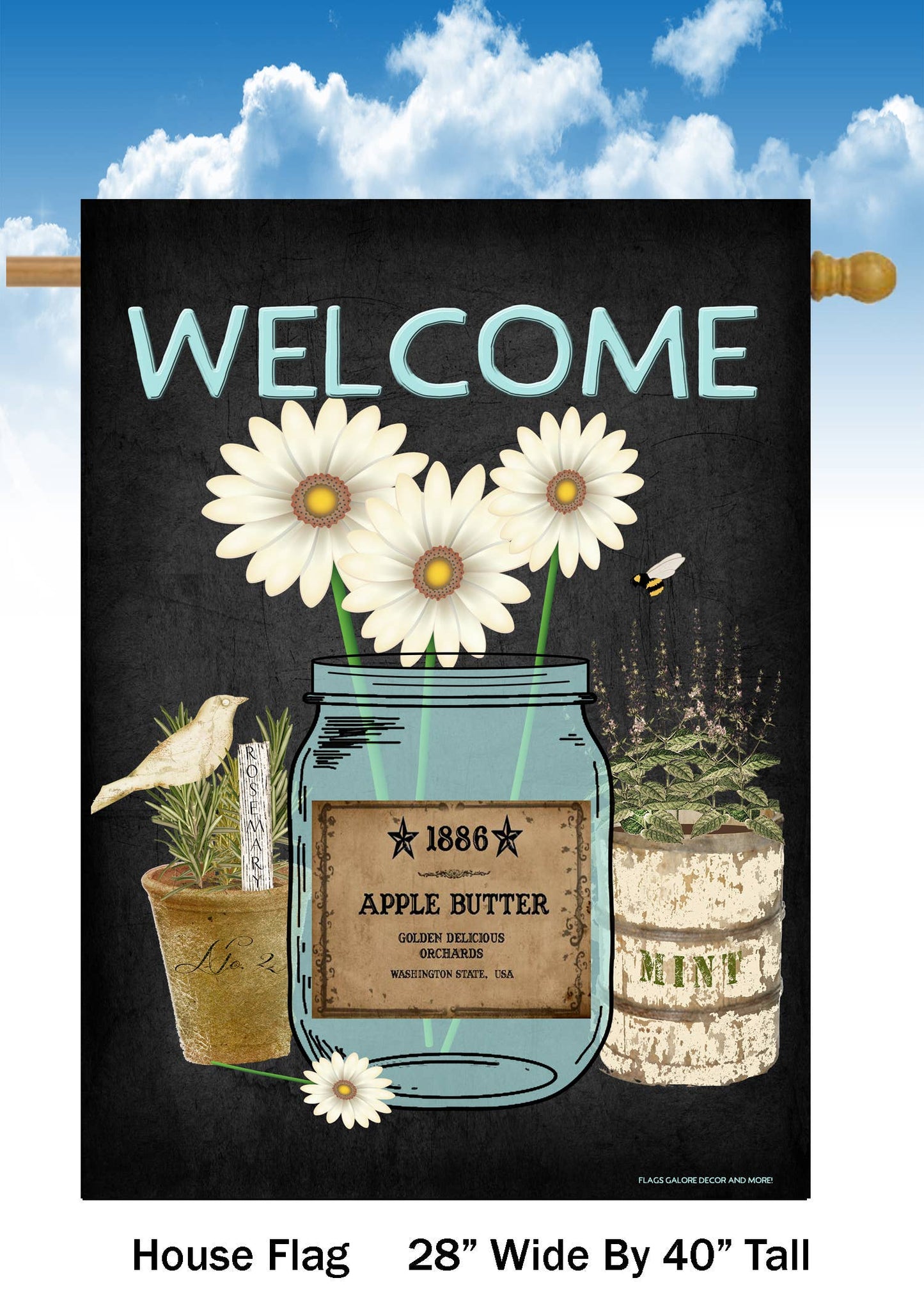 Welcome on Black Blue Jar White Daisy House Flag H1660