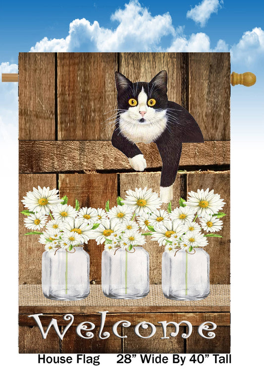 Welcome Cat on Fence with Jars House Flag H2423
