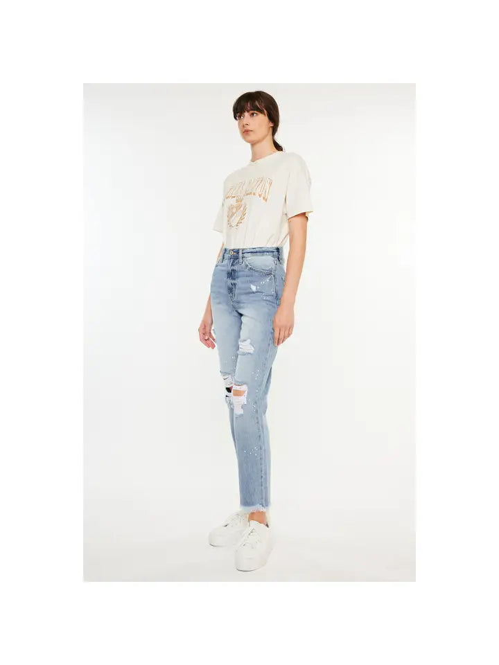 Risen High Rise-Straight-Knee Distressed Long Jeans