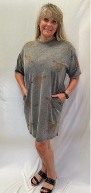 MINERAL WASHED CHEETAH PRINT T SHIRT DRESS