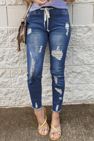 Blue Drawstring Elastic Waist Hole Ripped Jeans