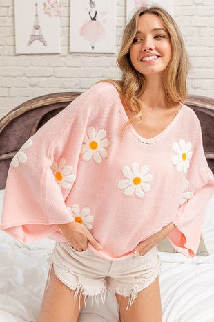 FLOWER EMBROIDERY LOOSE FIT KNIT TOP BLUSH
