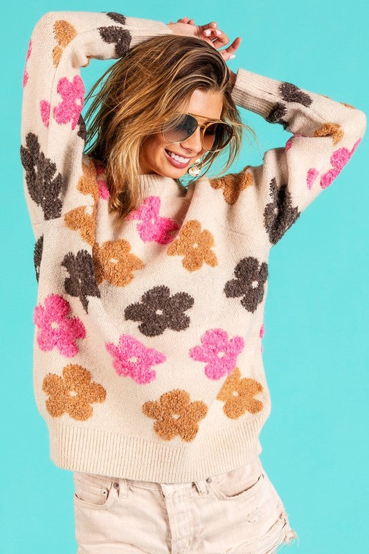 MULTI COLOR FLOWER EMBROIDERY KNIT PULLOVER