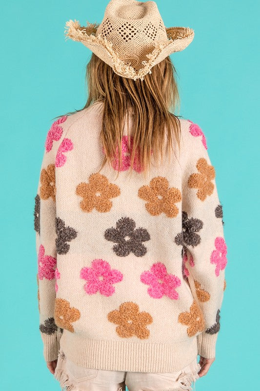 MULTI COLOR FLOWER EMBROIDERY KNIT PULLOVER