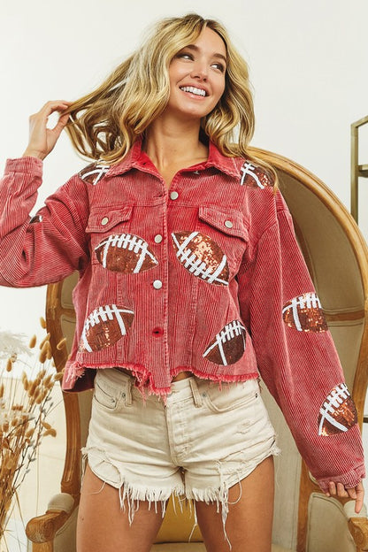 FOOTBALL SEQUIN EMBROIDERY WASHED CORDUROY JACKET