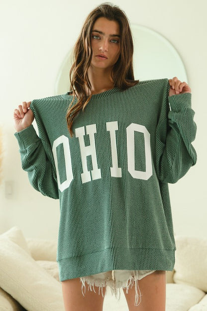 OHIO LETTERING PRINT RIB TEXTURED PULLOVER