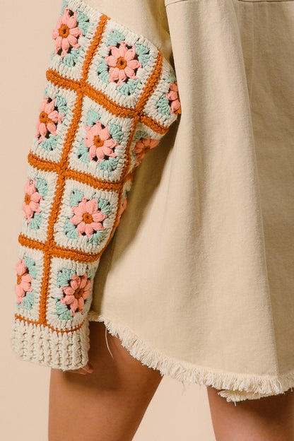 HANDMADE FLOWER GRANNY SQUARE SLEEVE WASHED JACKET