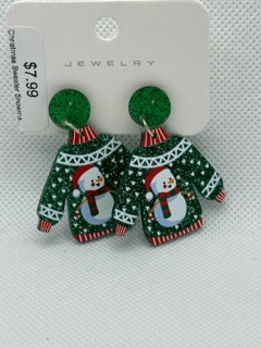 Christmas Sweater Snowman Sparkly Earrings