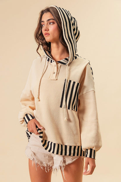 Solid Knit & Stripe Mixed Hoodie Top