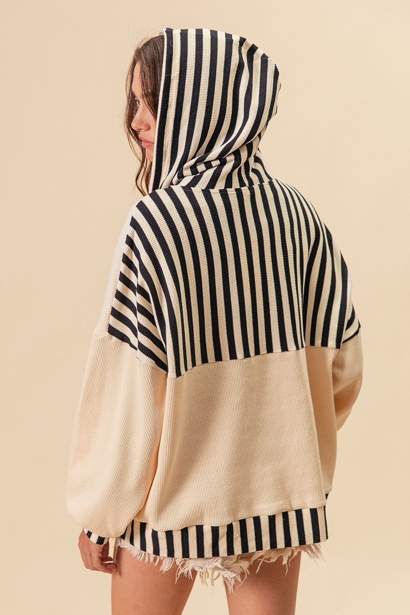 Solid Knit & Stripe Mixed Hoodie Top