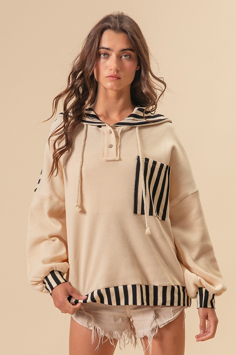 Solid Knit & Stripe Mixed Hoodie Top