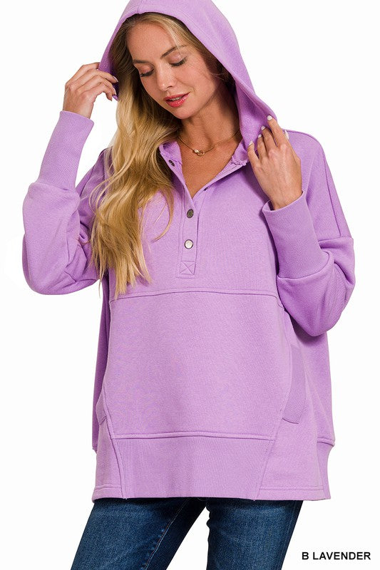 HALF BUTTON HOODED PULLOVER WITH KANGAROO POCKET