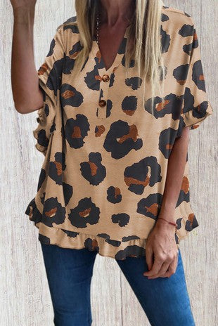 Leopard Ruffled Buttoned V Neck T Shirt