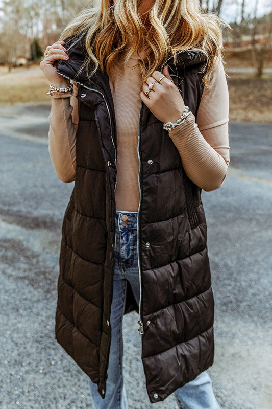 Amy Black Hooded Long Quilted Vest Coat