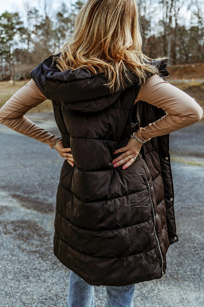 Amy Black Hooded Long Quilted Vest Coat