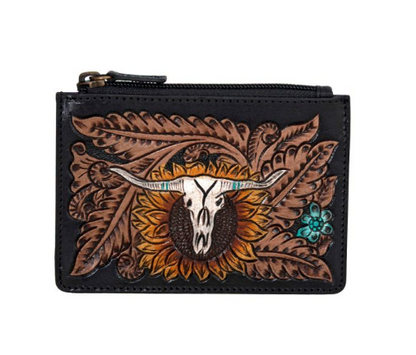 Longhorn Flower Mini Hand-tooled Card Holder