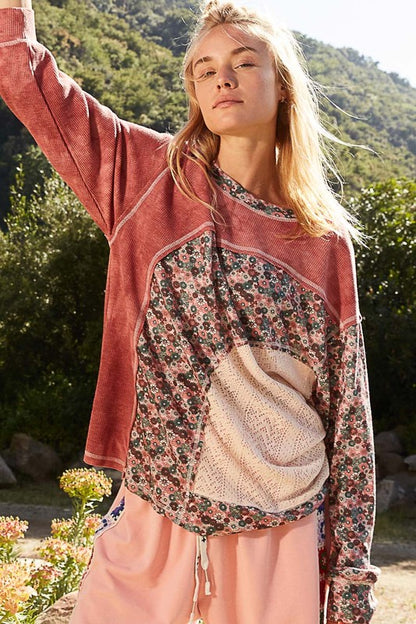 Mazy Pol Oversize long sleeve floral contrast thermal top