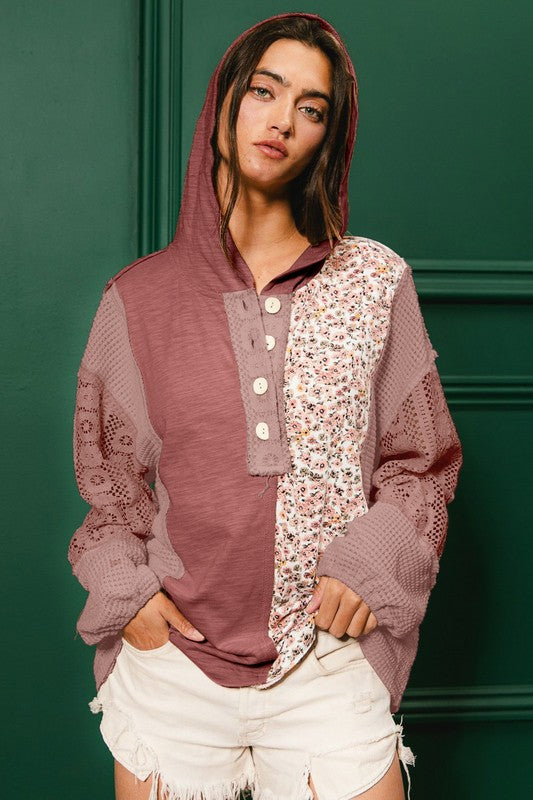 Slub Jersey With Lace Combo Buttoned Hoodie Top